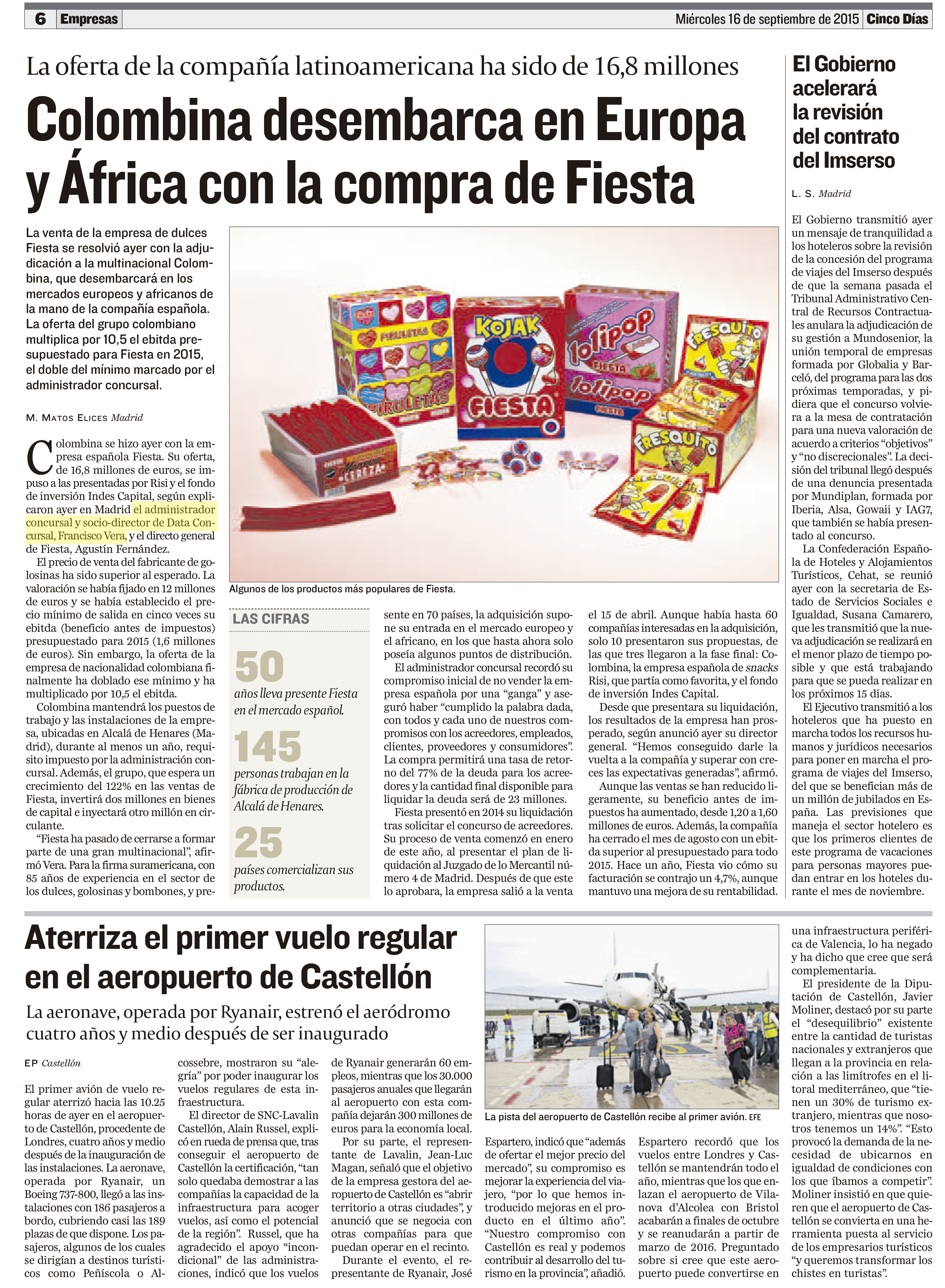 Cinco Días: «Colombina desembarca en Europa y África con la compra de Fiesta».