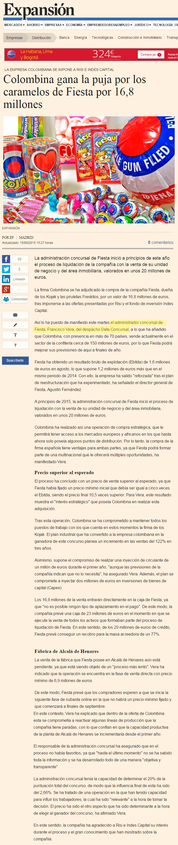 Expansión: «Colombina gana la puja por los caramelos de Fiesta por 16,8 millones»